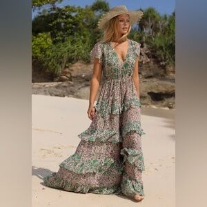 Miss June pink and green floral maxi dress